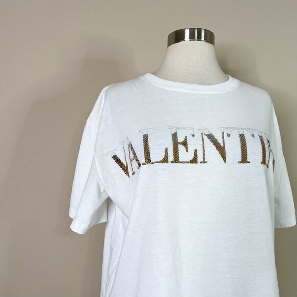 Valentino | Gradient Sequin Logo Silver Gold White Cotton Designer Tee T-Shirt S - Picture 2 of 10